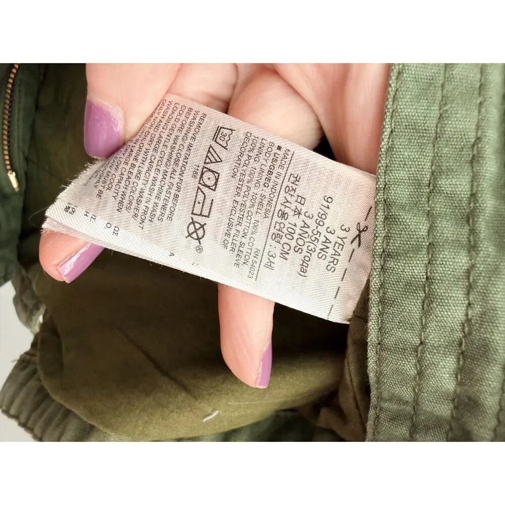 Baby Gap Toddler 3 Years Olive Green Faux Fur Hood Utility Parka Jacket